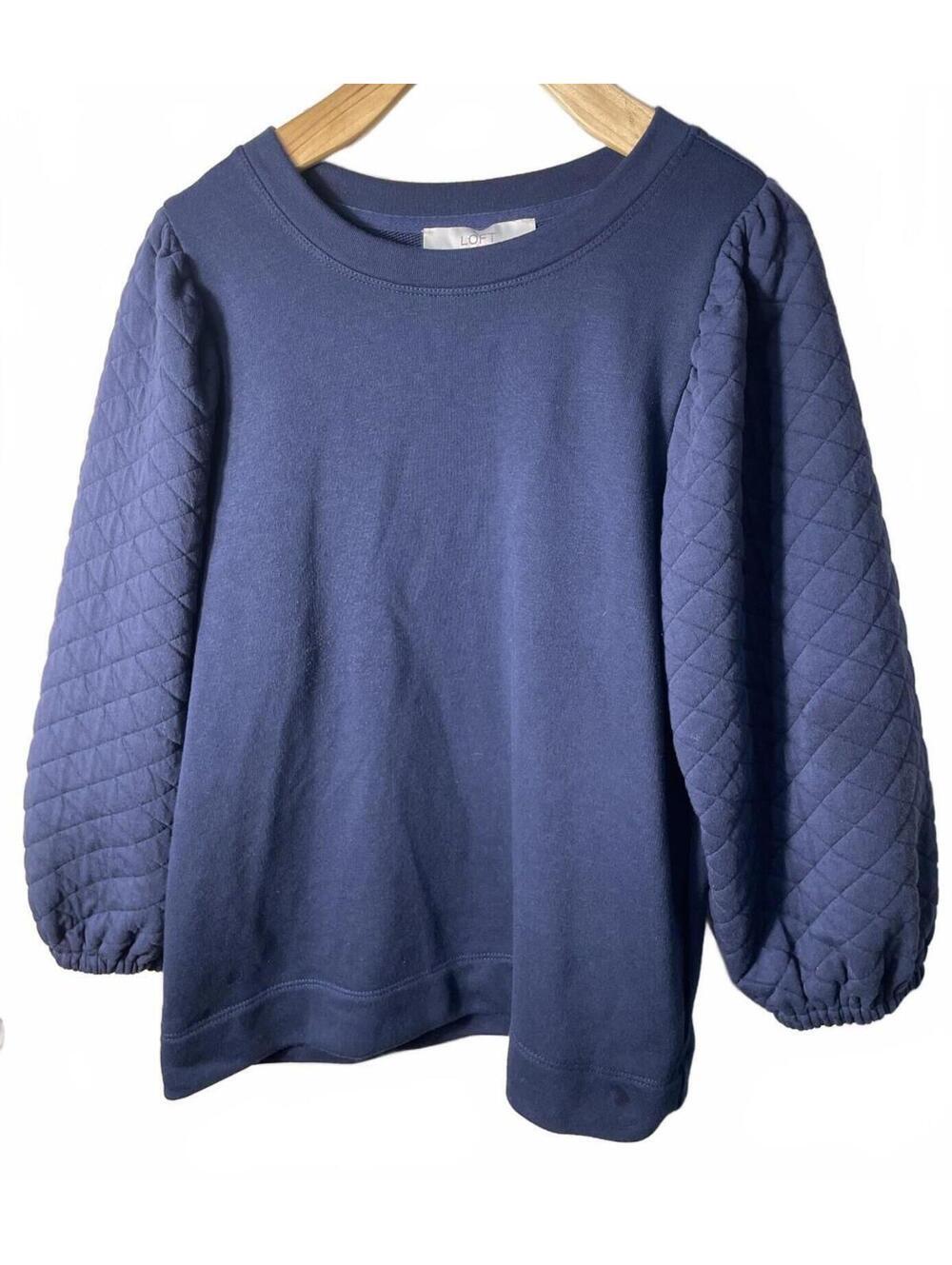 LOFT Sweatshirt Womens Size Small Navy Blue Quilted Sleeve Puff Crew Neck Casual